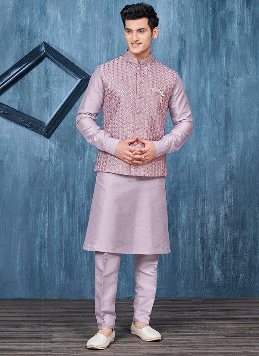 Embroidered Banarasi Silk Lavender Kurta Payjama With Jacket - M6409