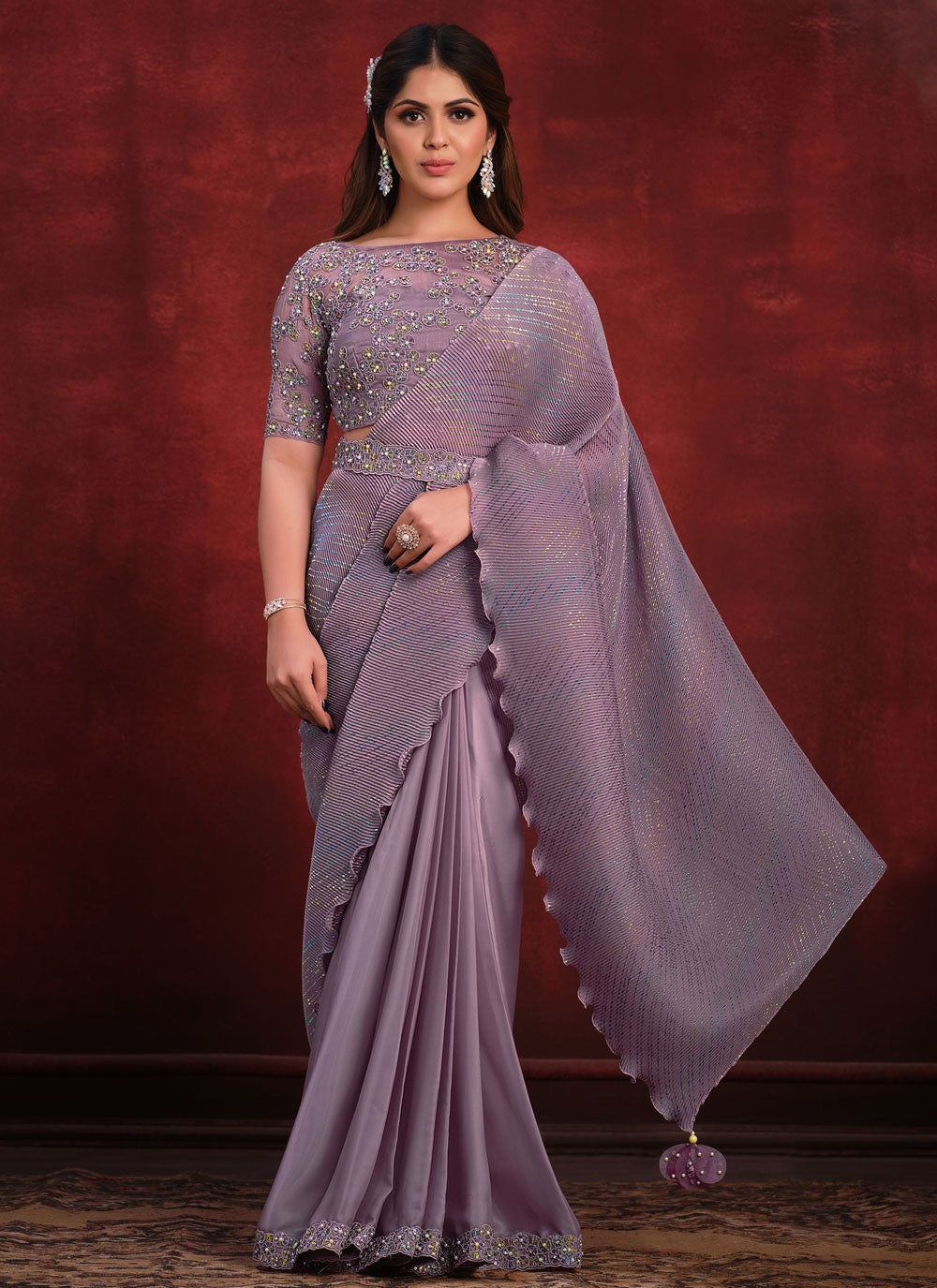 Embroidered Pure Crepe Lavender Traditional Saree S15338