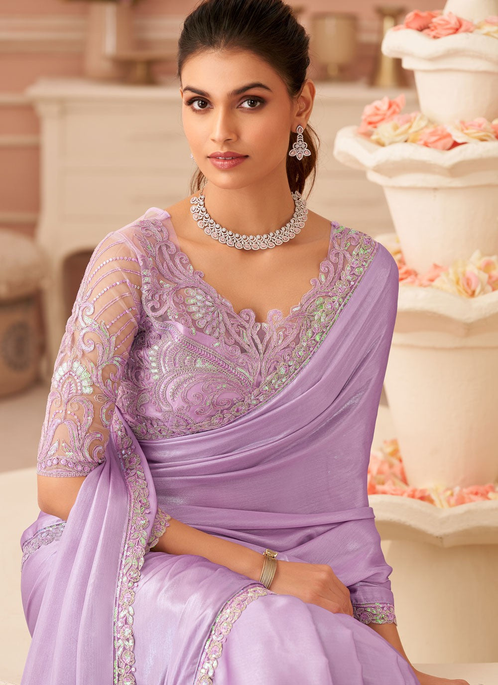 Lavender Chiffon Classic Saree Border Work, Embroidered, Zari S19106
