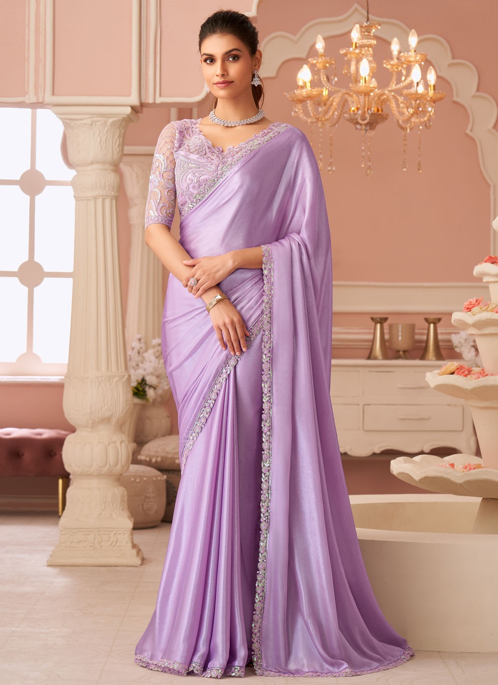 Lavender Chiffon Classic Saree Border Work, Embroidered, Zari S19106