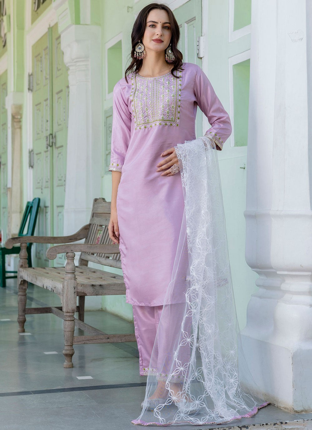 Pant Style Suit Embroidered Lavender T7127