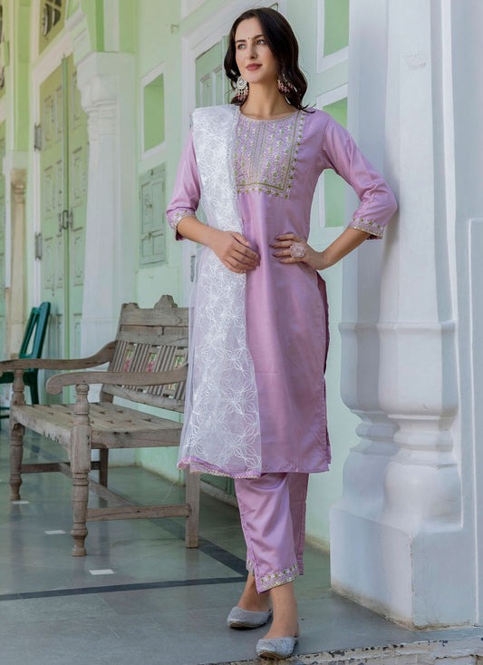 Pant Style Suit Embroidered Lavender T7127