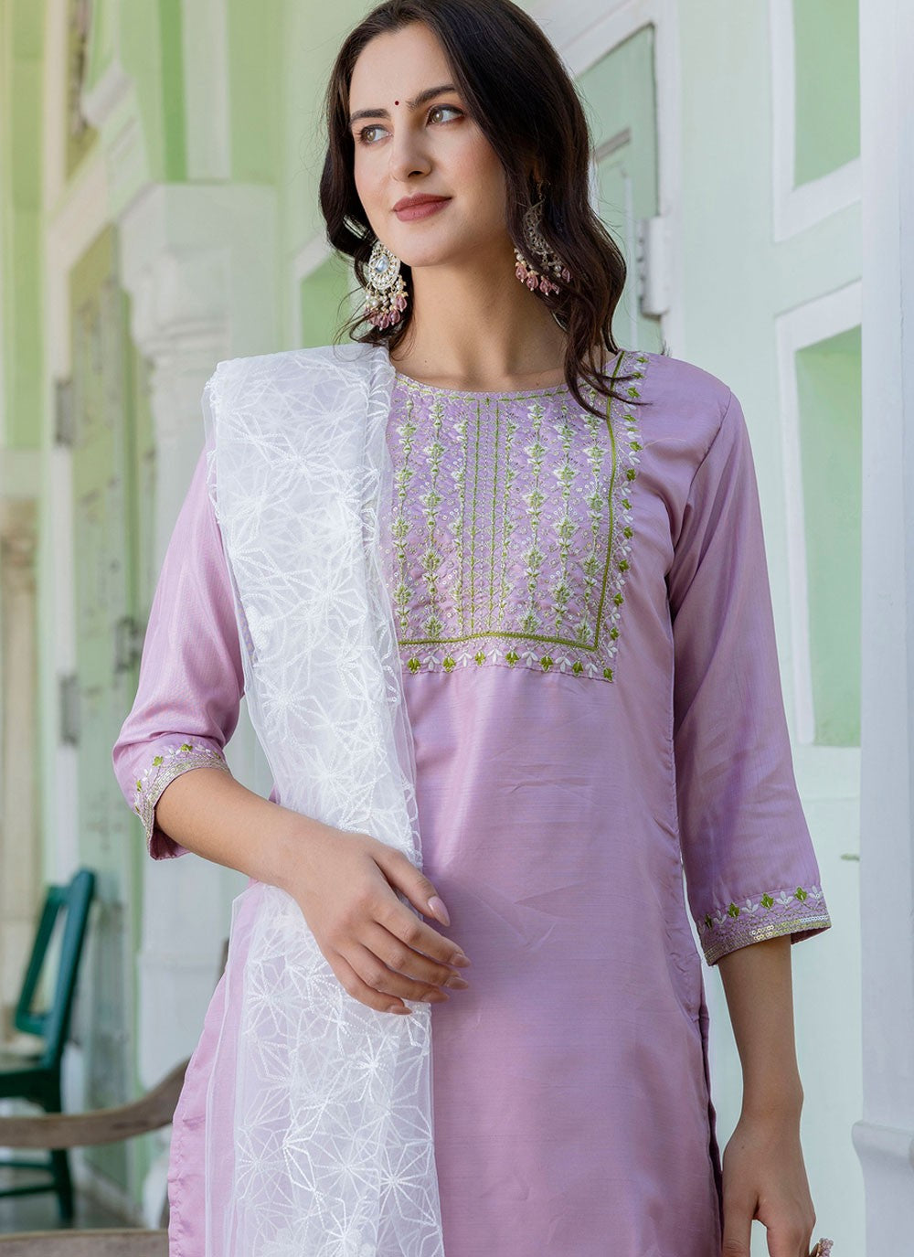 Pant Style Suit Embroidered Lavender T7127