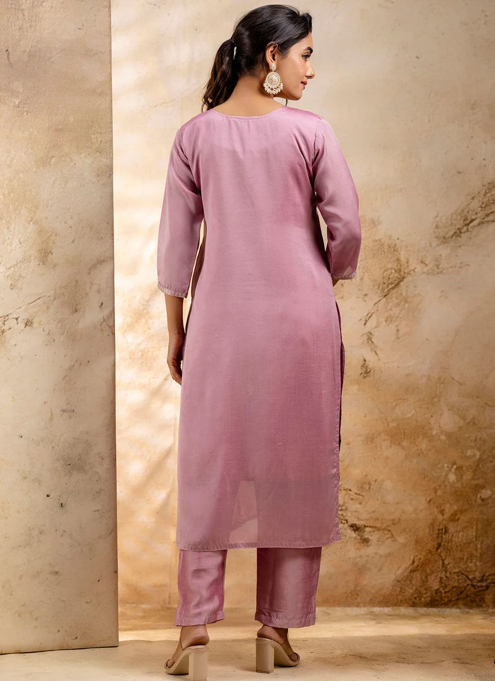 Embroidered Silk Blend Lavender Pant Style Suit T6360