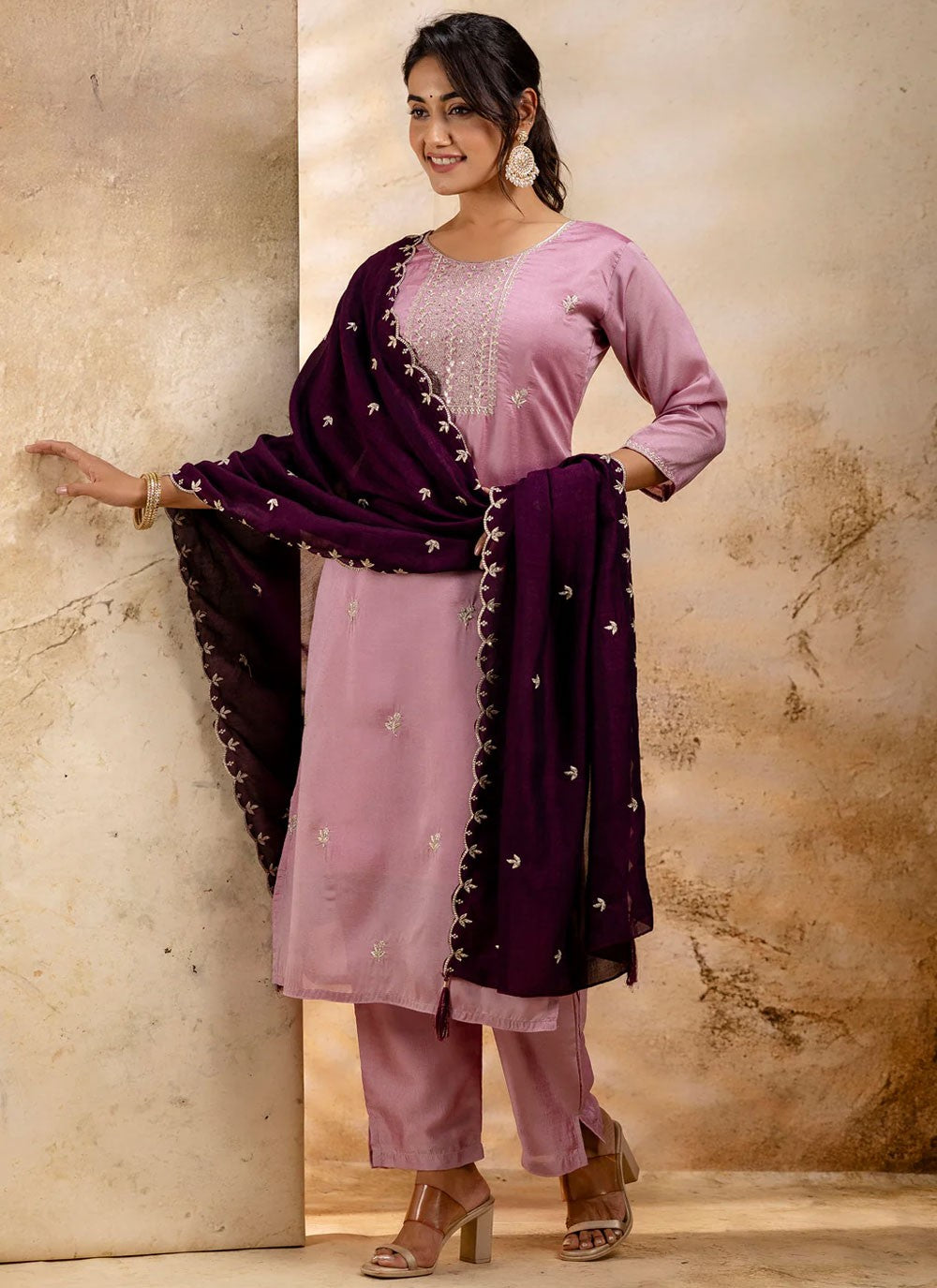 Embroidered Silk Blend Lavender Pant Style Suit T6360