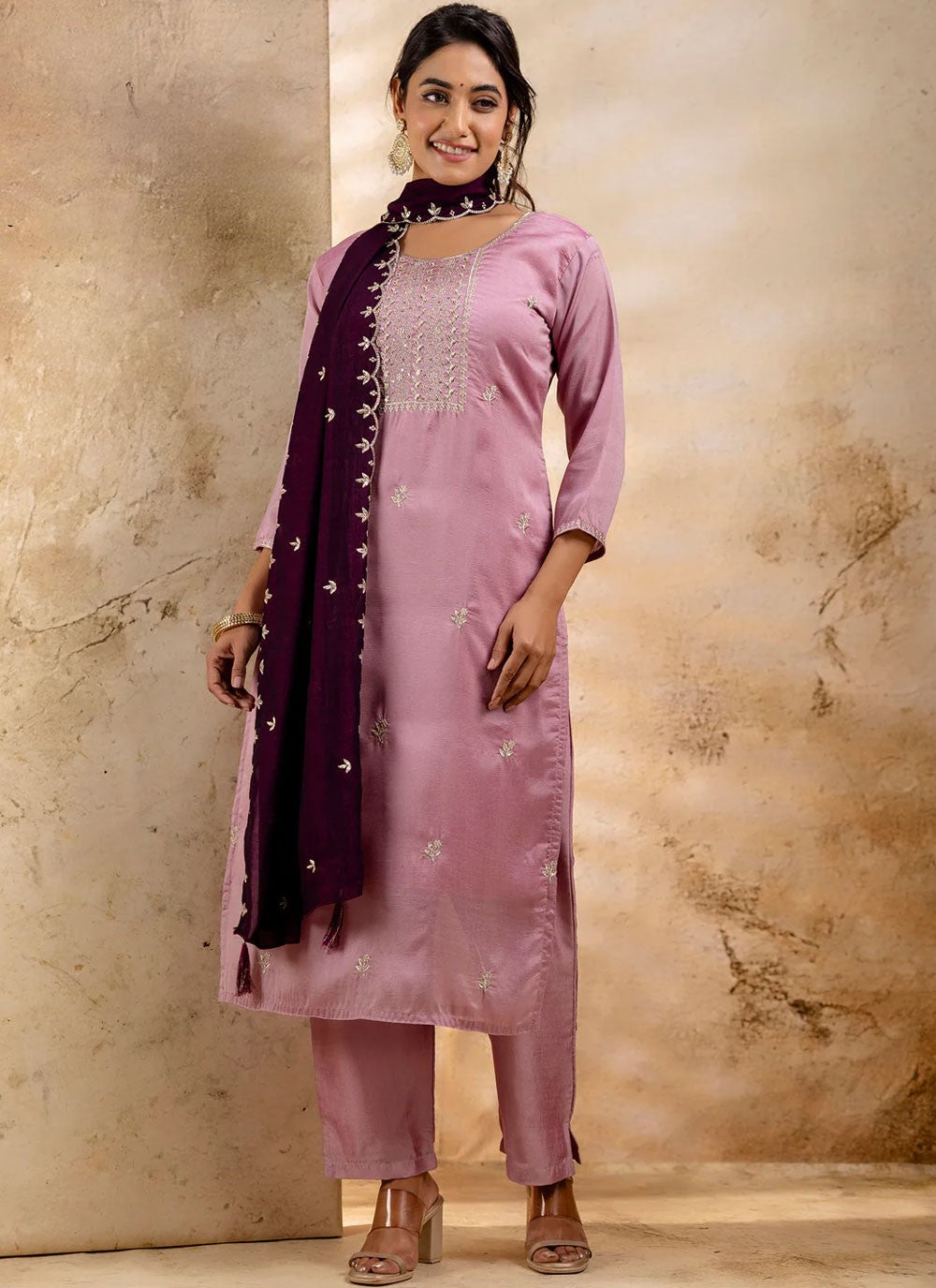 Embroidered Silk Blend Lavender Pant Style Suit T6360