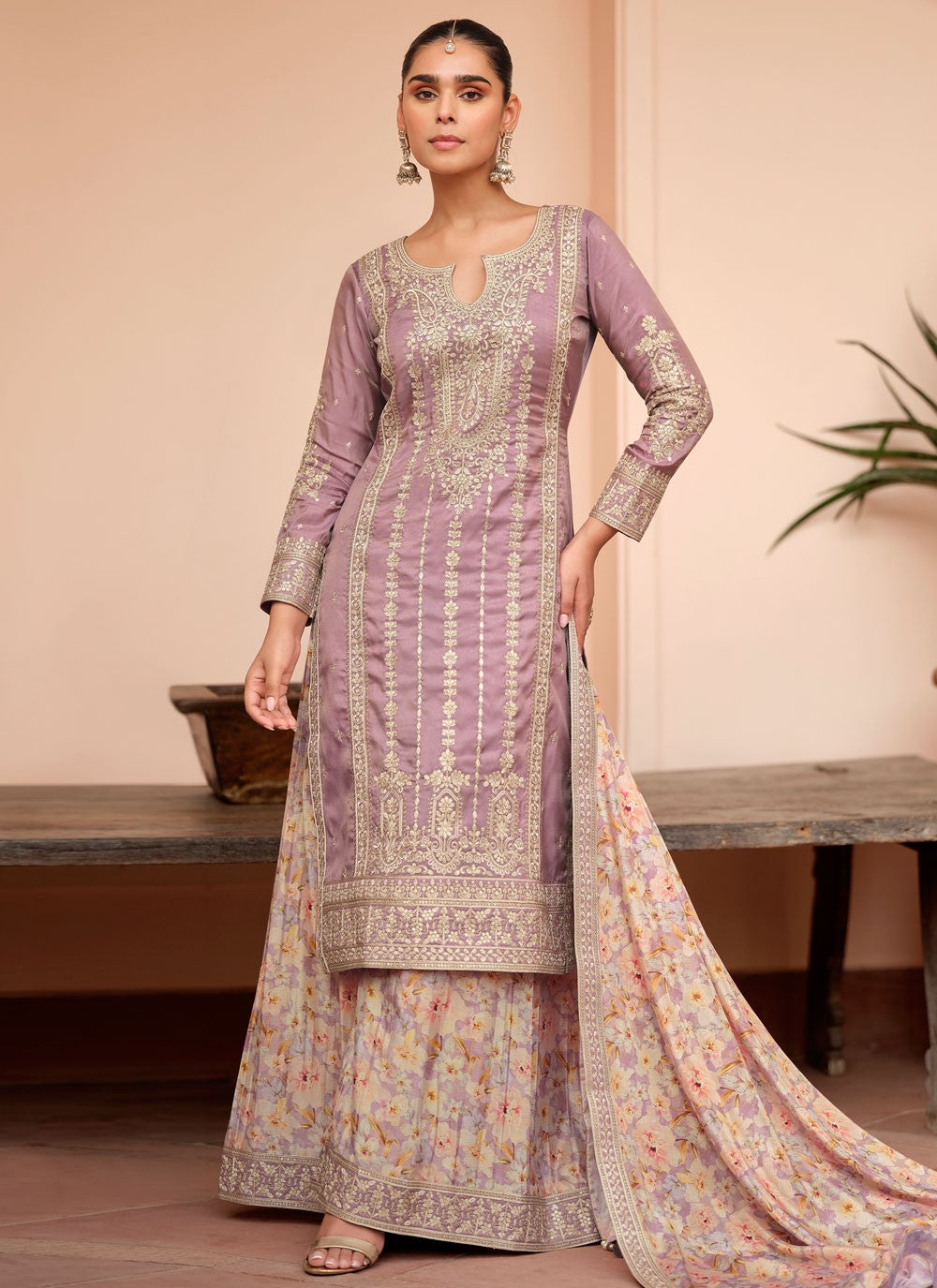 Palazzo Suit Embroidered Lavender T8667