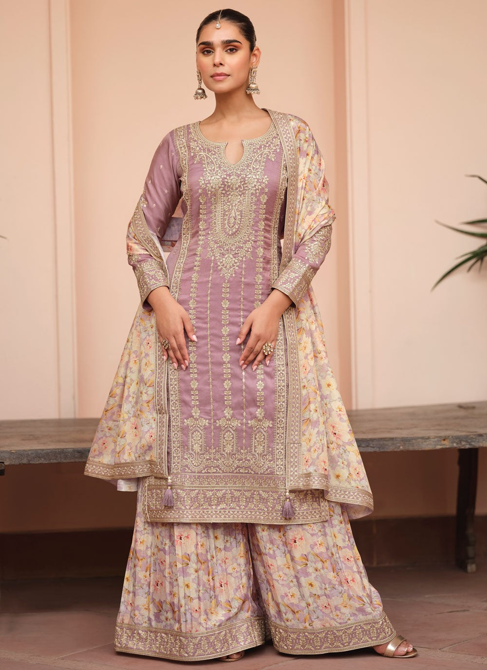 Palazzo Suit Embroidered Lavender T8667