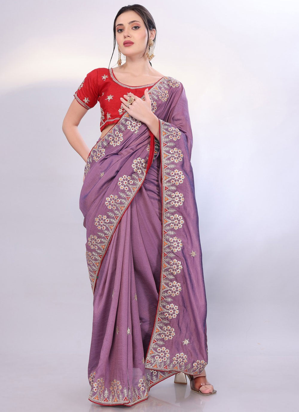 Embroidered Silk Lavender Saree S14061