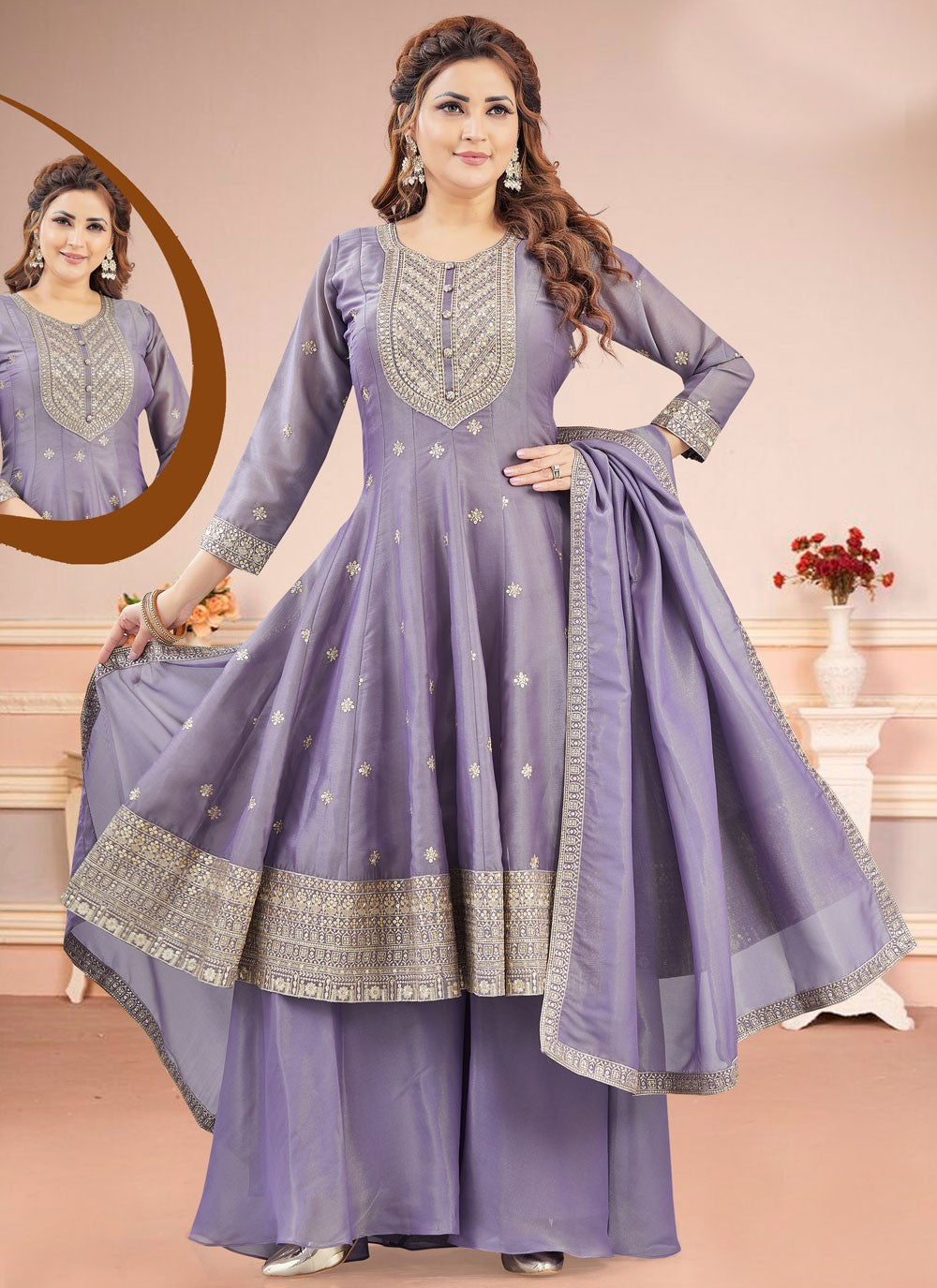 Anarkali Embroidered Lavender Silk T5818
