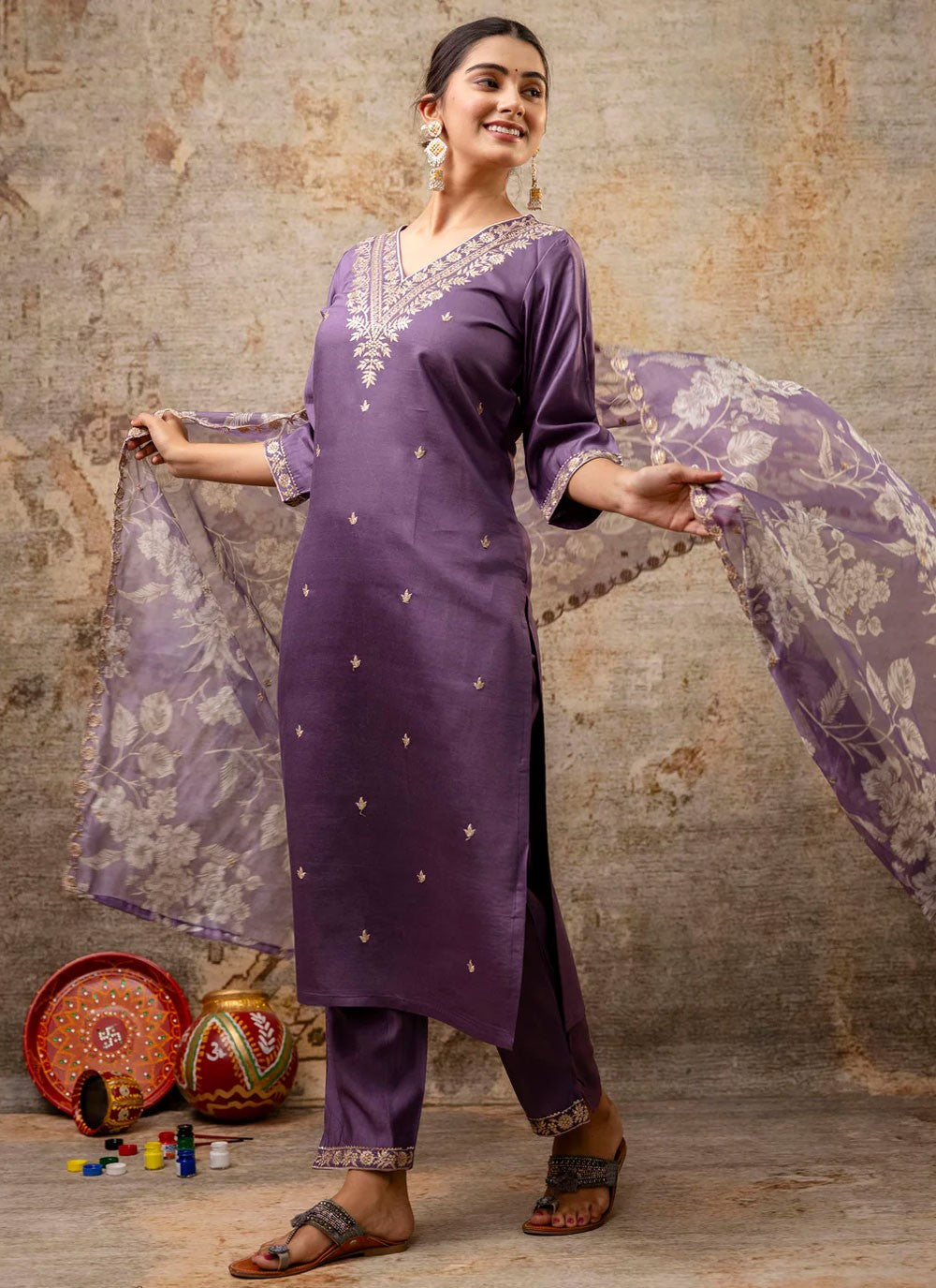 Pant Style Suit Embroidered, Zari Lavender T6913