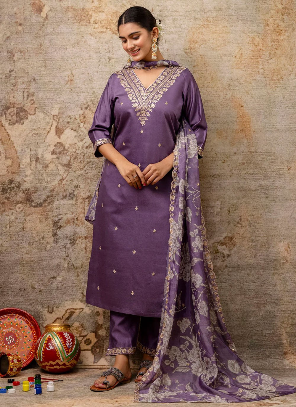 Pant Style Suit Embroidered, Zari Lavender T6913