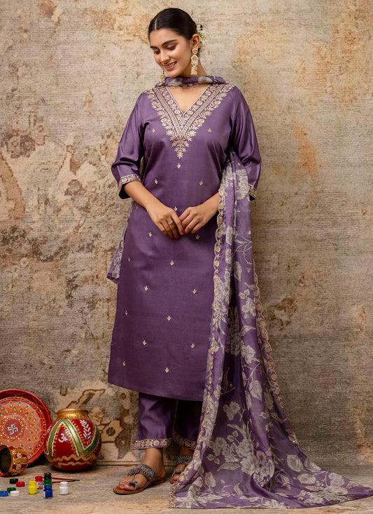 Pant Style Suit Embroidered, Zari Lavender T6913