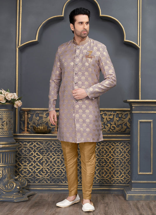 Fancy Work Brocade, Jacquard Silk Lavender Indo Western - M6472