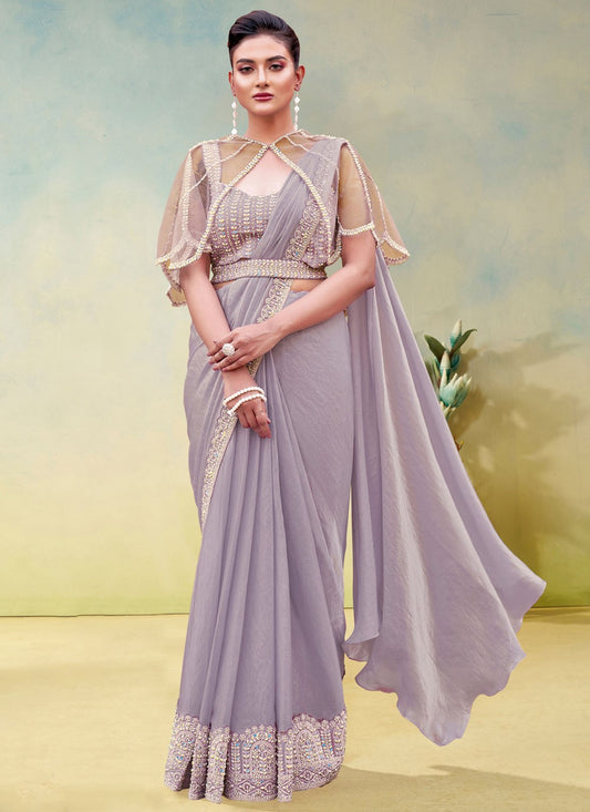 Lavender Satin Silk Traditional Saree Embroidered, Sequins S19902
