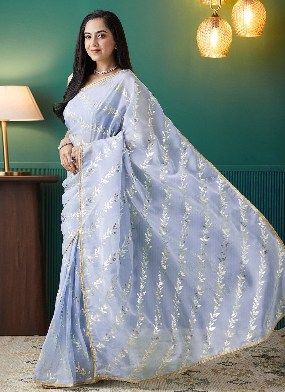 Lavender Organza Classic Saree Foliage Prints S17554