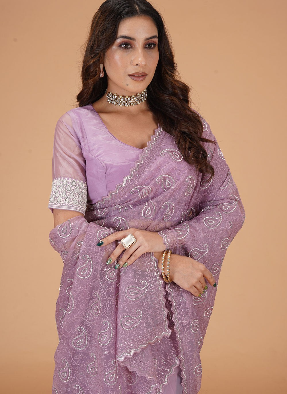 Cut Work Georgette Lavender Contemporary Saree S15476