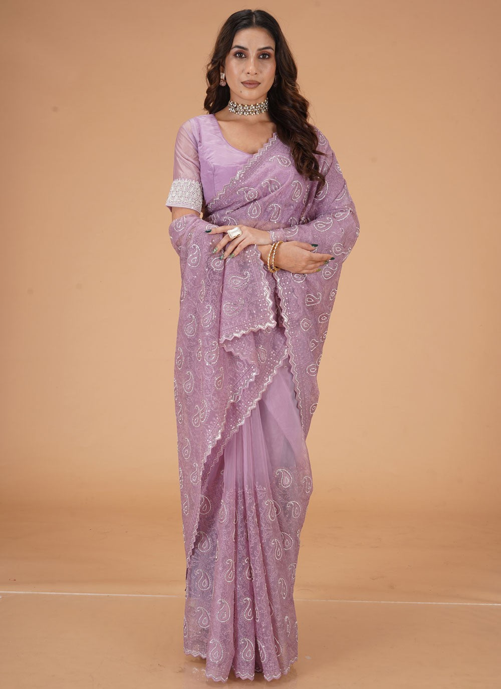 Cut Work Georgette Lavender Contemporary Saree S15476