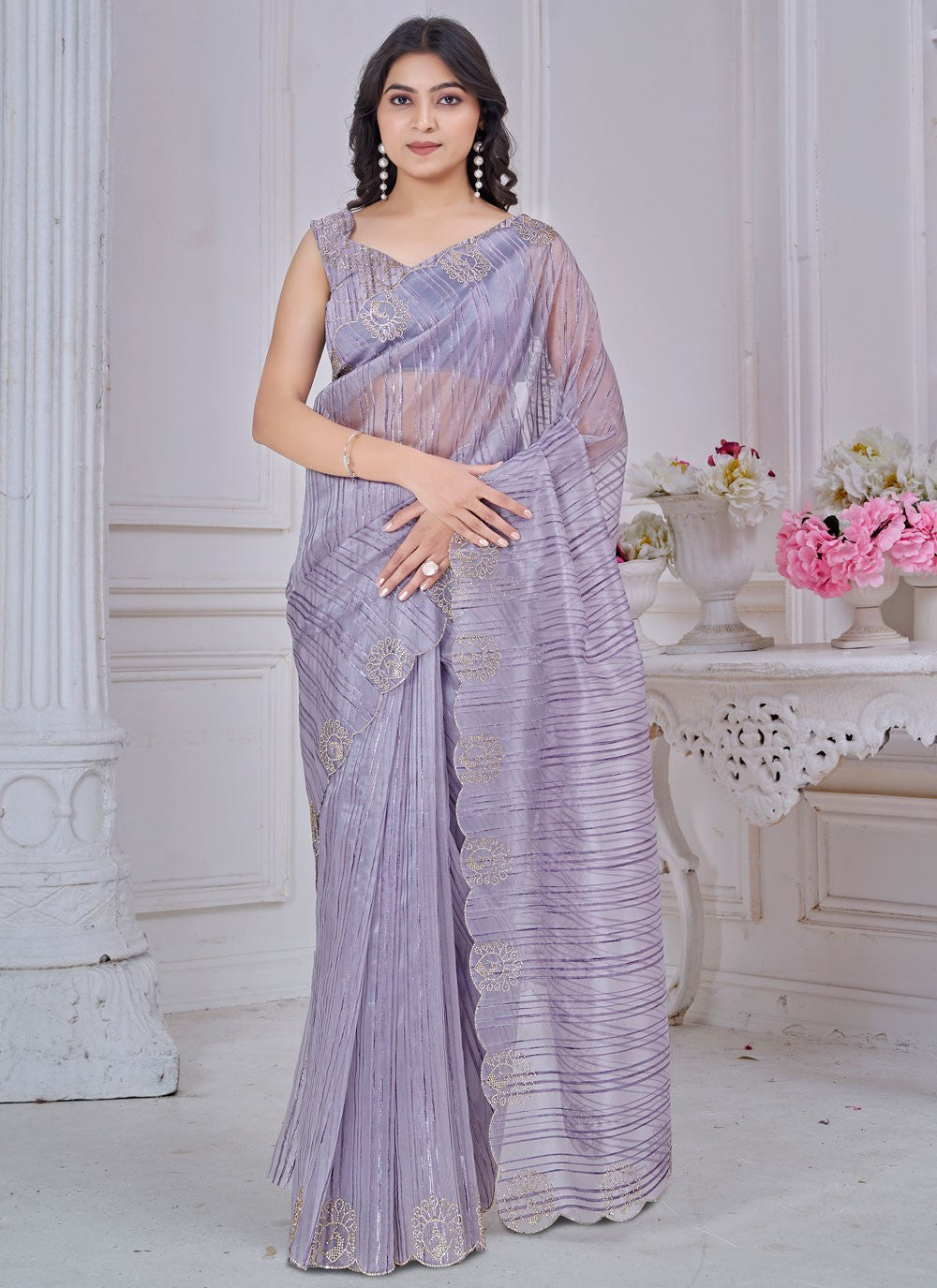 Cut Work Jacquard Lavender Classic Saree S14974