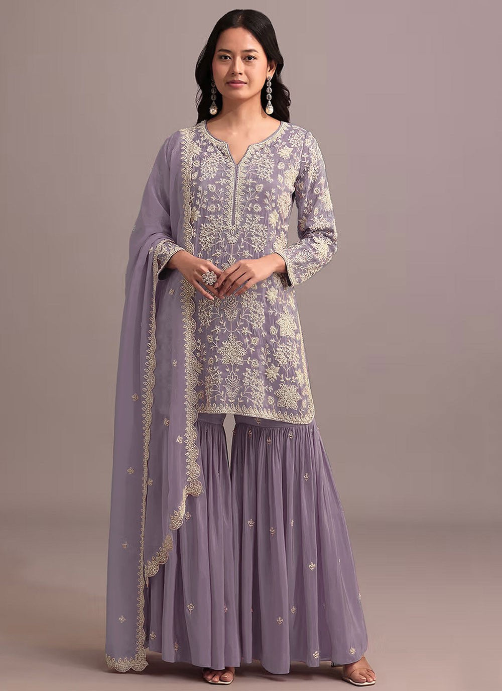 Sharara Suit Embroidered, Khatli Work, Thread Lavender T6732