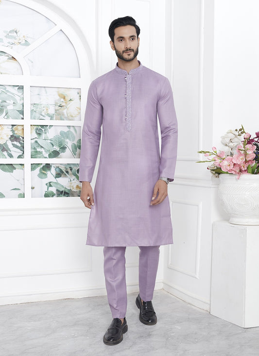 Fancy Work Cotton , Linen Lavender Kurta Pyjama - M7105