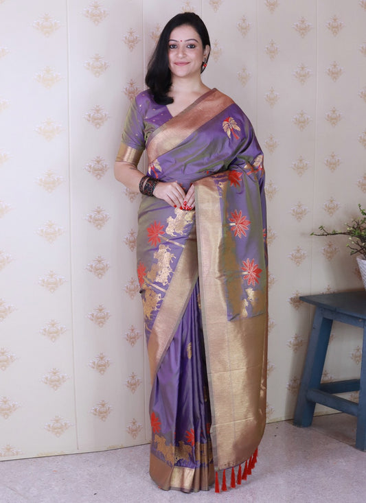 Lavender Silk Trendy Saree Meenakari, Woven S19472
