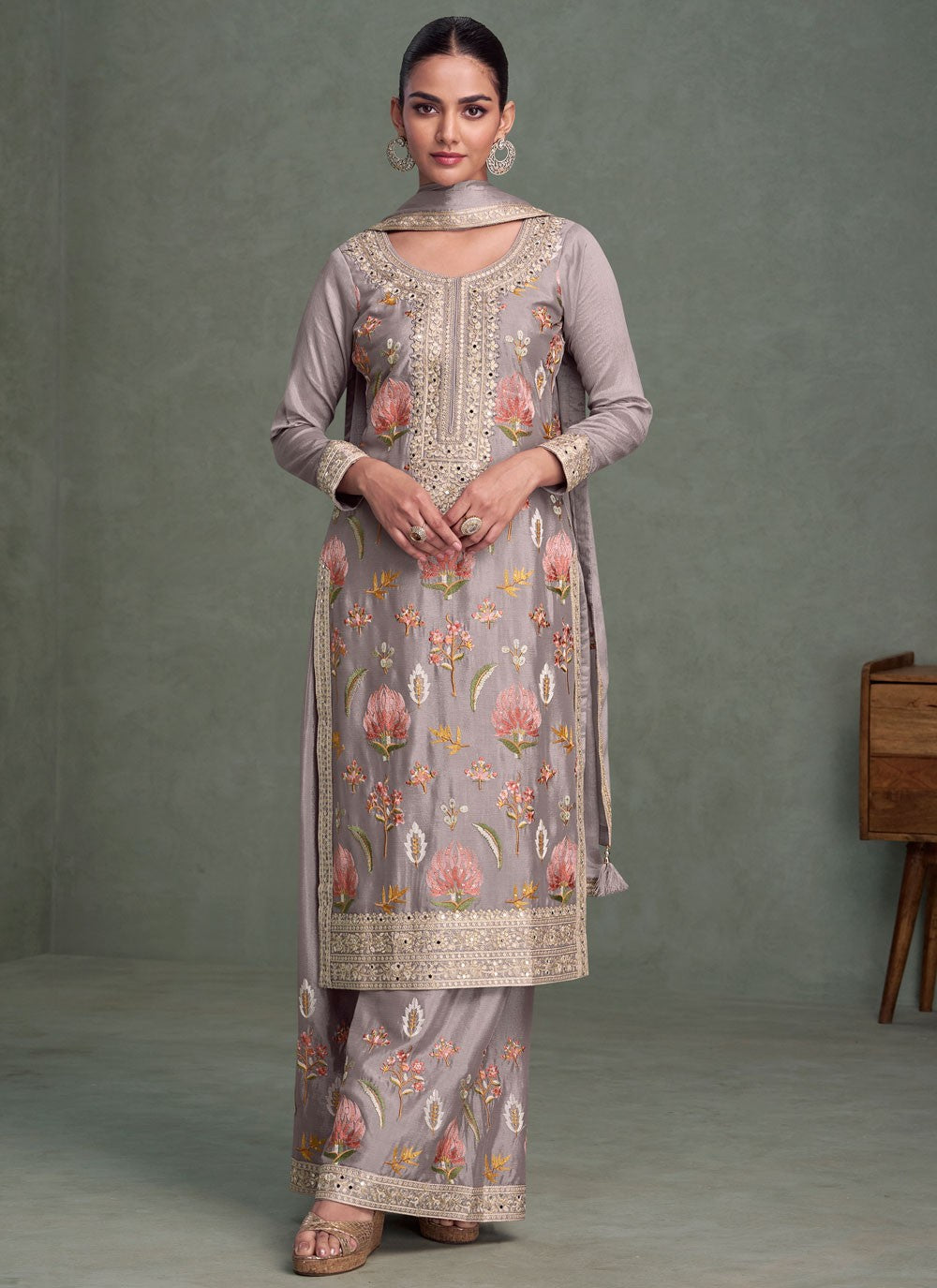Embroidered Chinon Lavender Palazzo Suit T6245