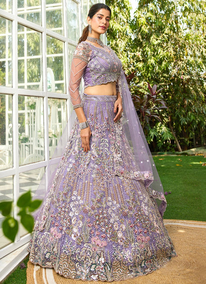 Embroidered Net Lavender Lehenga - L3368