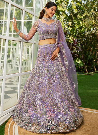 Embroidered Net Lavender Lehenga - L3368