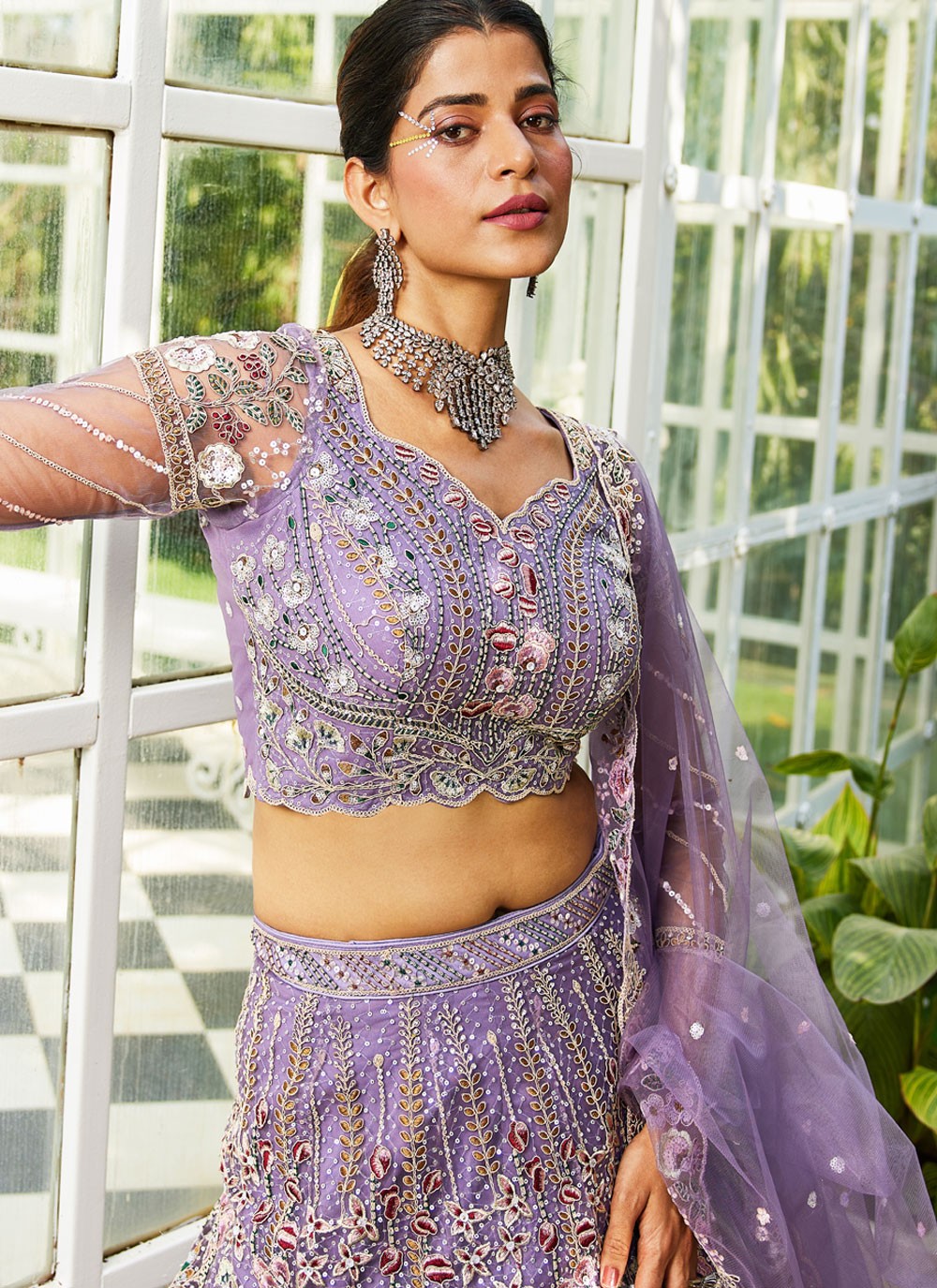 Embroidered Net Lavender Lehenga - L3368