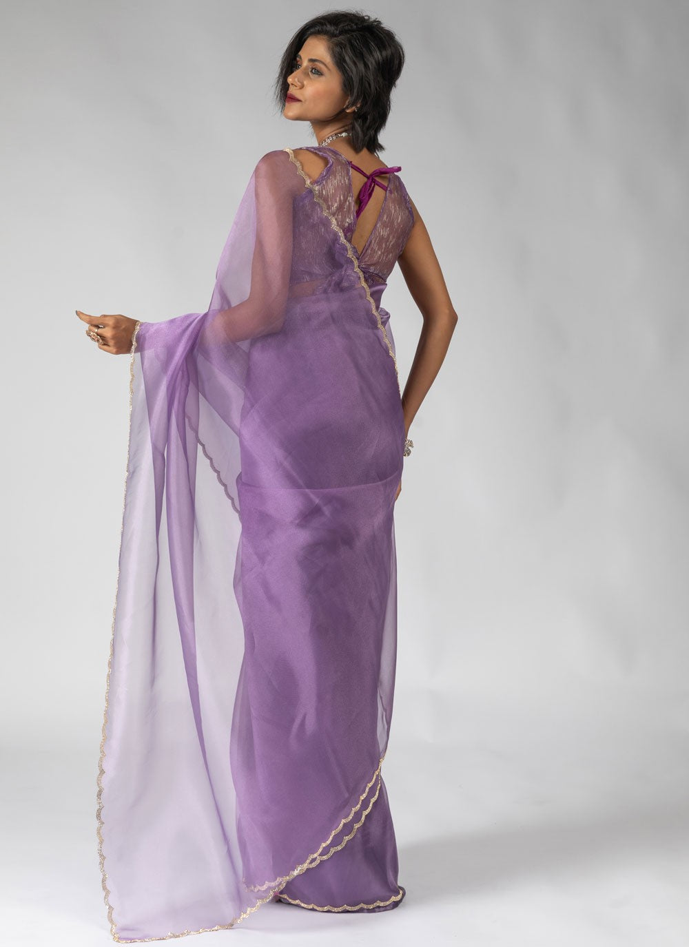 Border Work Organza Lavender Contemporary Saree S15597