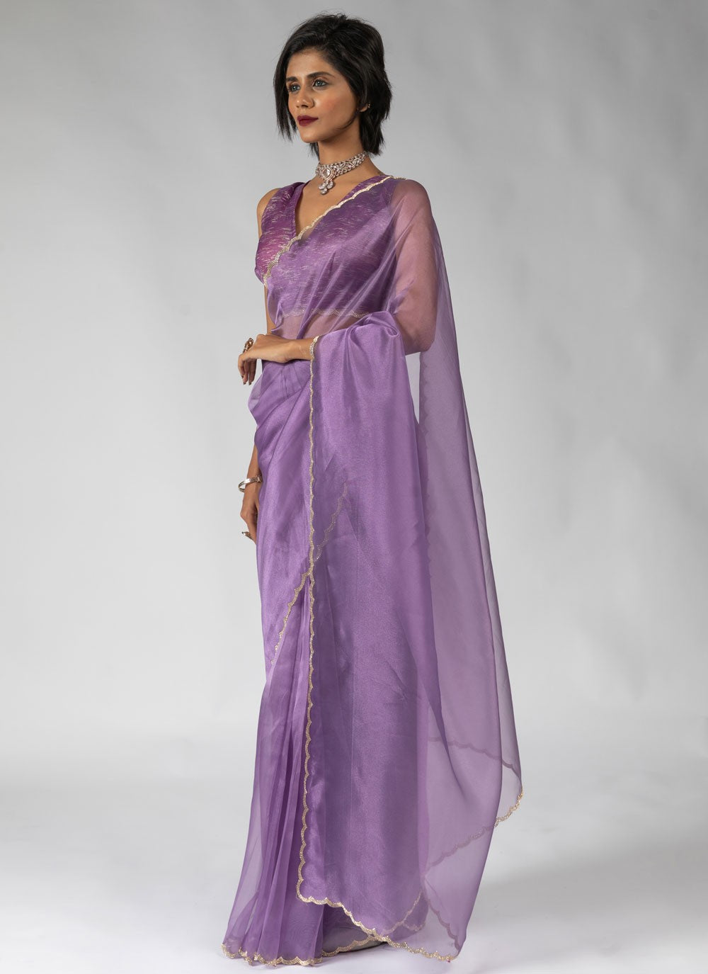 Border Work Organza Lavender Contemporary Saree S15597