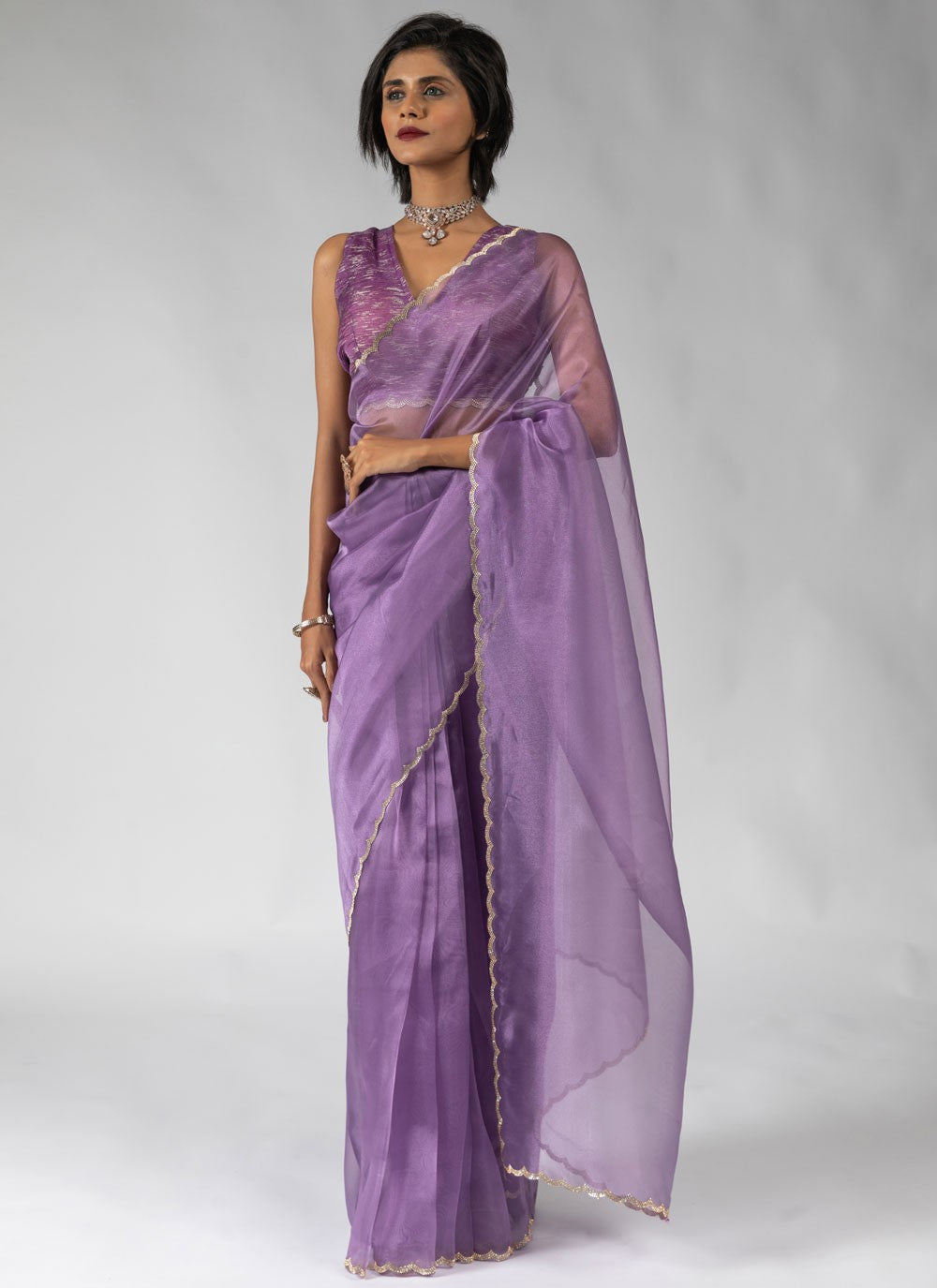 Border Work Organza Lavender Contemporary Saree S15597