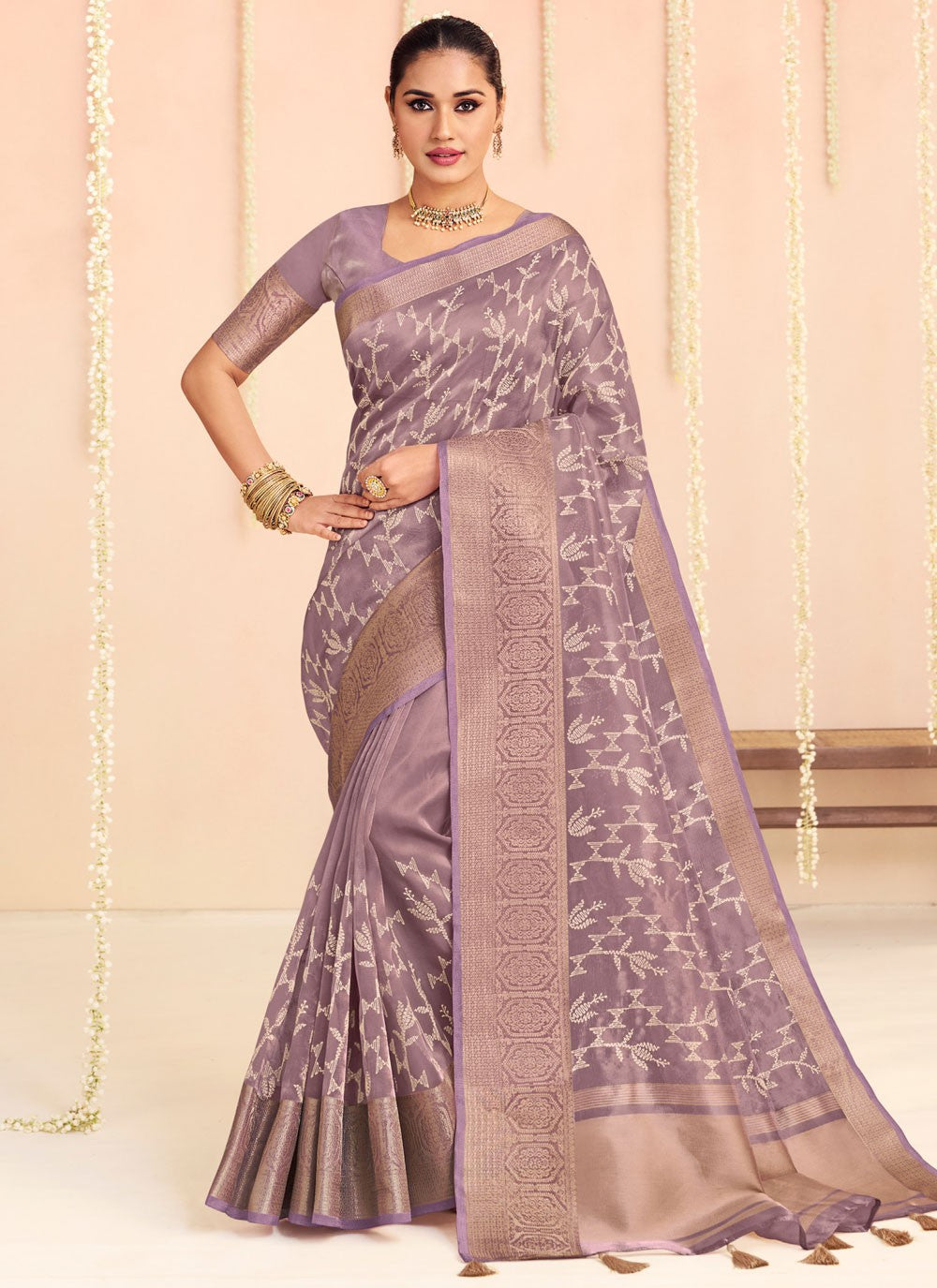 Traditional Floral Printed Lavender Organza S12671