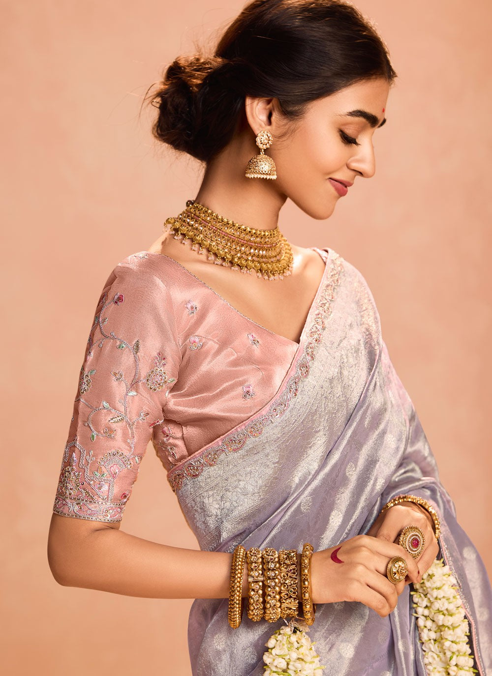 Contemporary Embroidered Lavender Silk Saree S12839