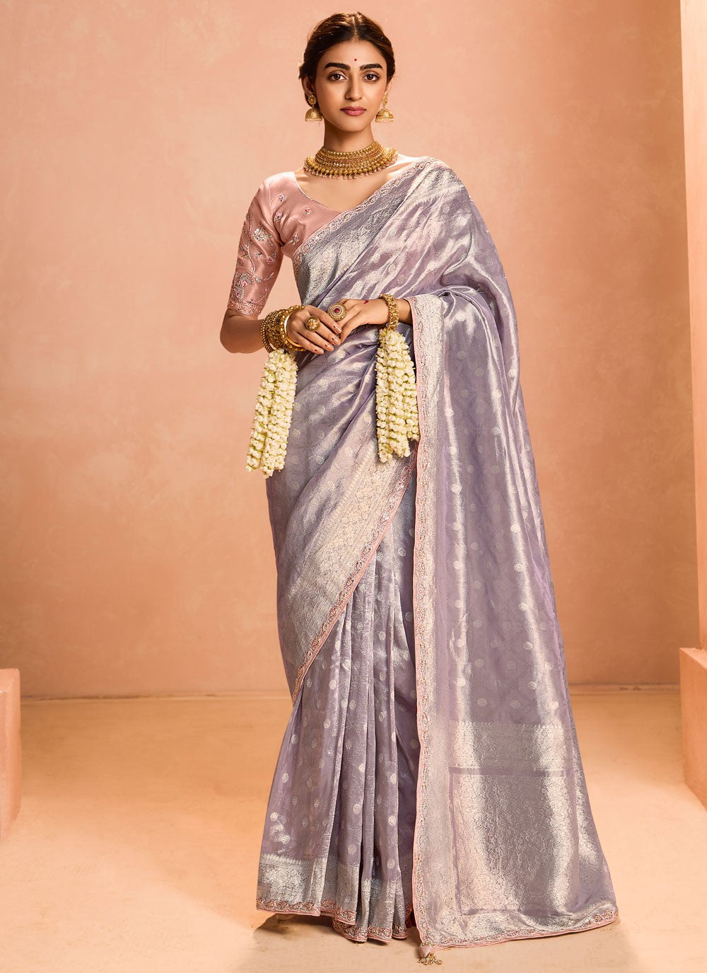 Contemporary Embroidered Lavender Silk Saree S12839