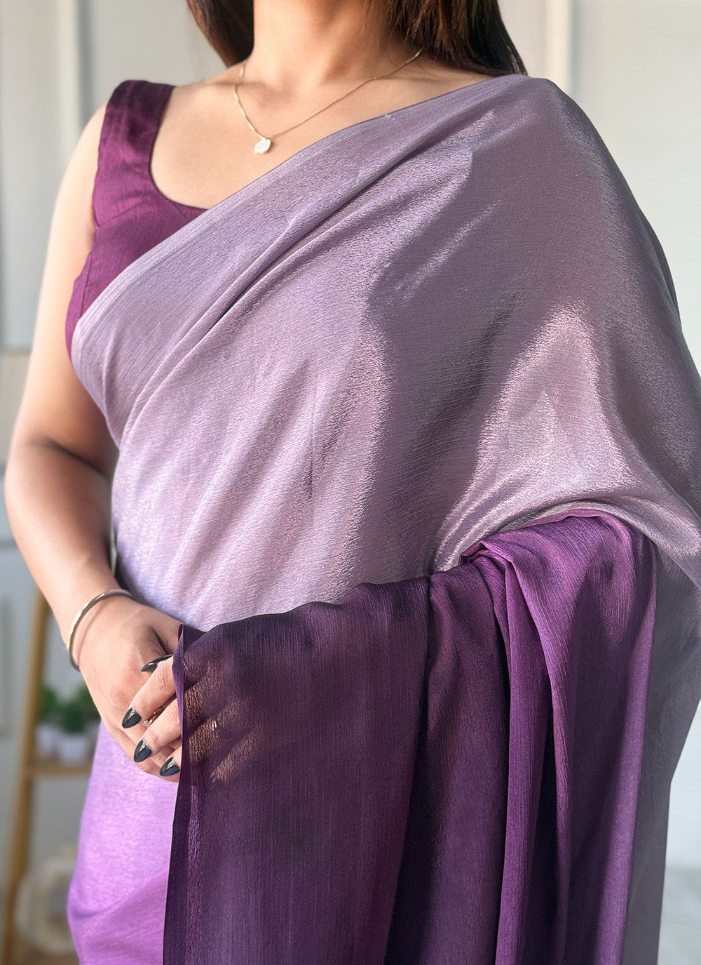 Lavender Chinon Trendy Saree Plain S16498