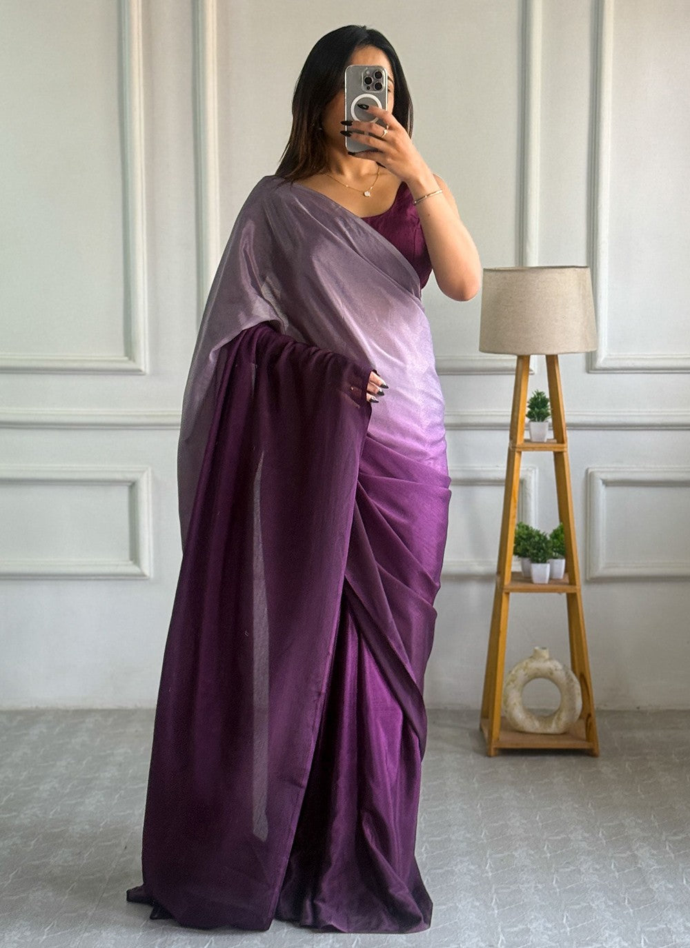Lavender Chinon Trendy Saree Plain S16498