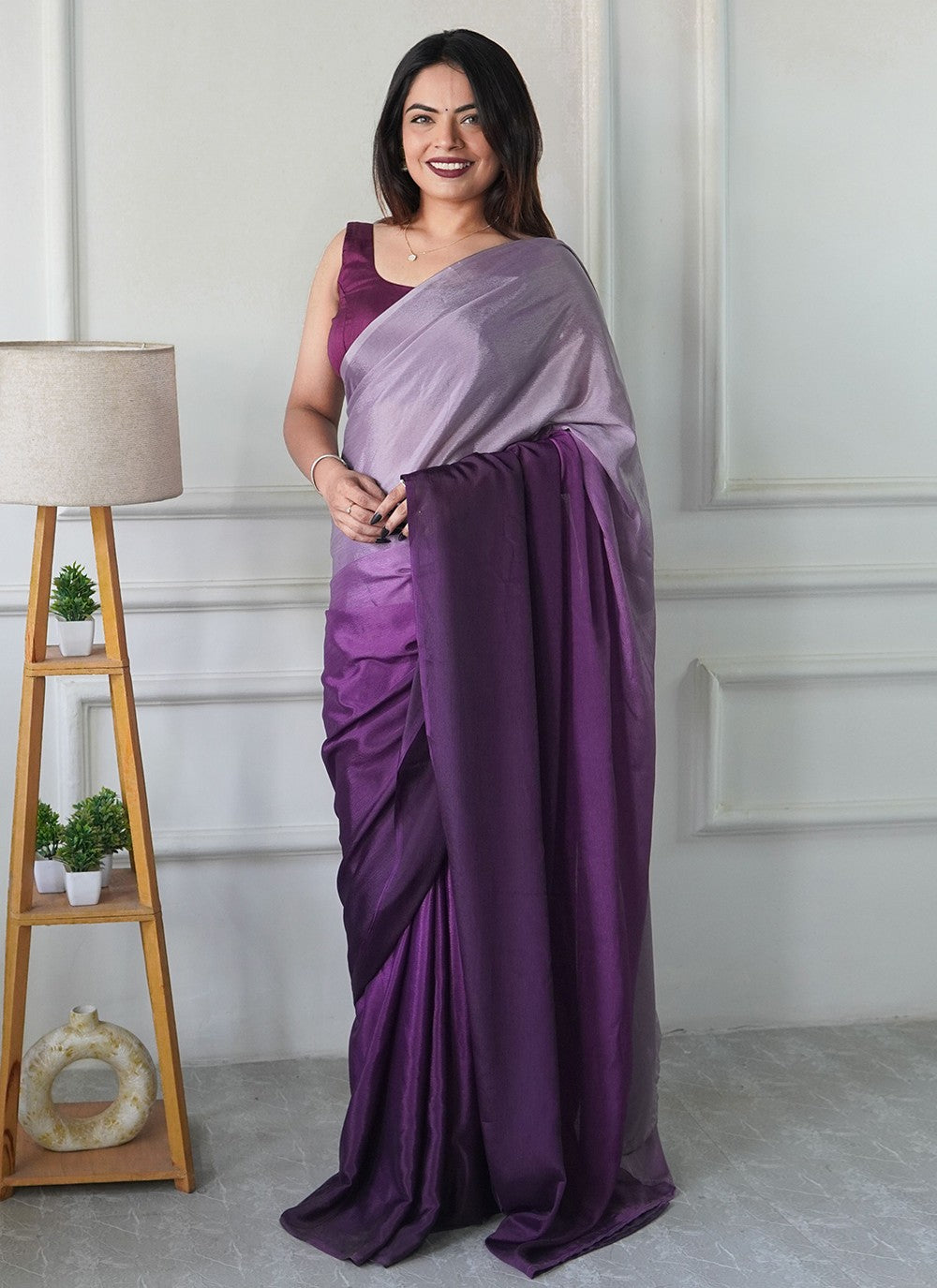 Lavender Chinon Trendy Saree Plain S16498