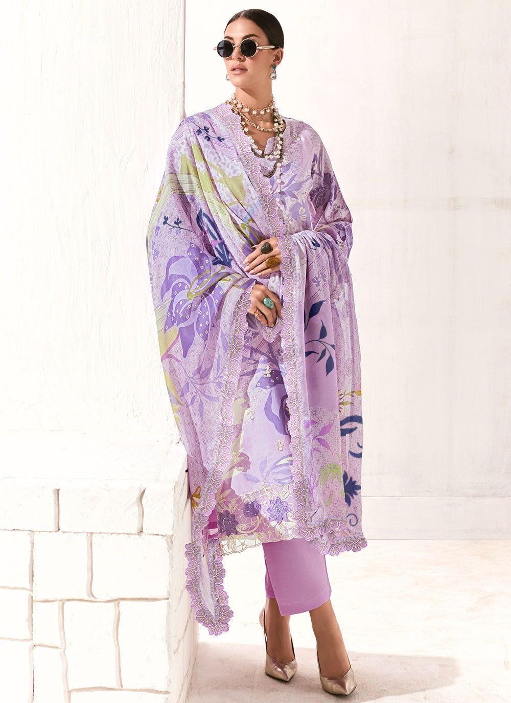 Pant Style Suit Digital Print, Embroidered, Patch, Resham Lavender T7904