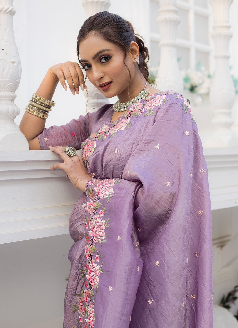Traditional Printed Lavender Crush Saree S12548