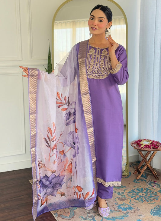 Salwar Suit Embroidered, Printed Lavender T7369