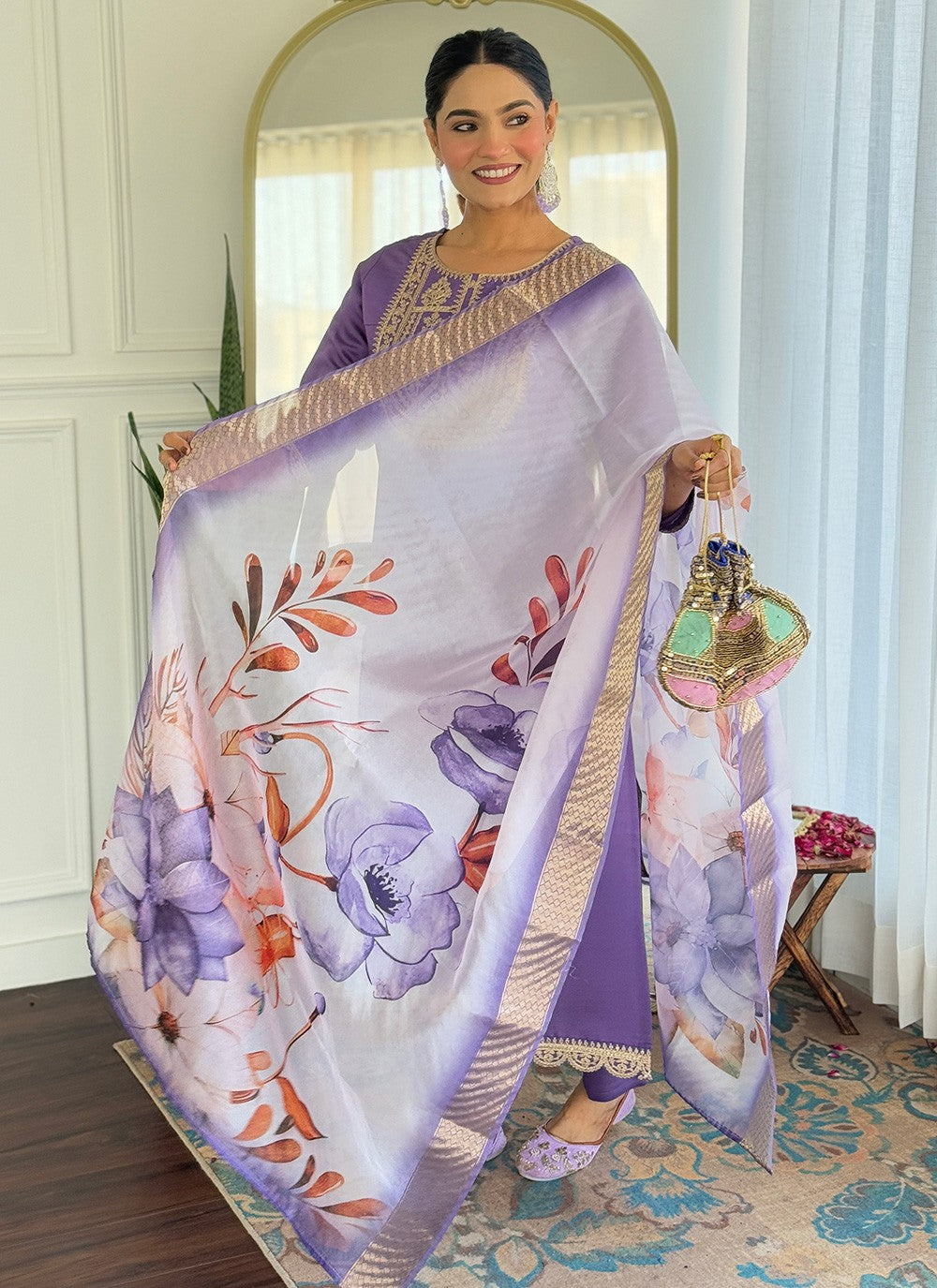 Salwar Suit Embroidered, Printed Lavender T7369
