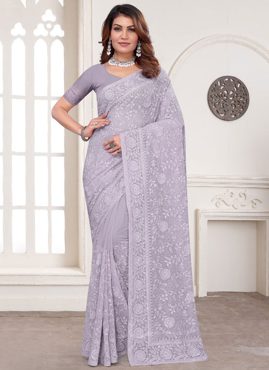Embroidered Georgette Lavender Designer Saree S14965