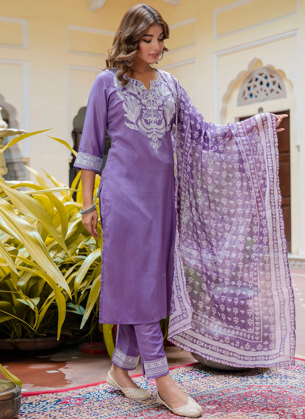 Pant Style Suit Embroidered Lavender T7573