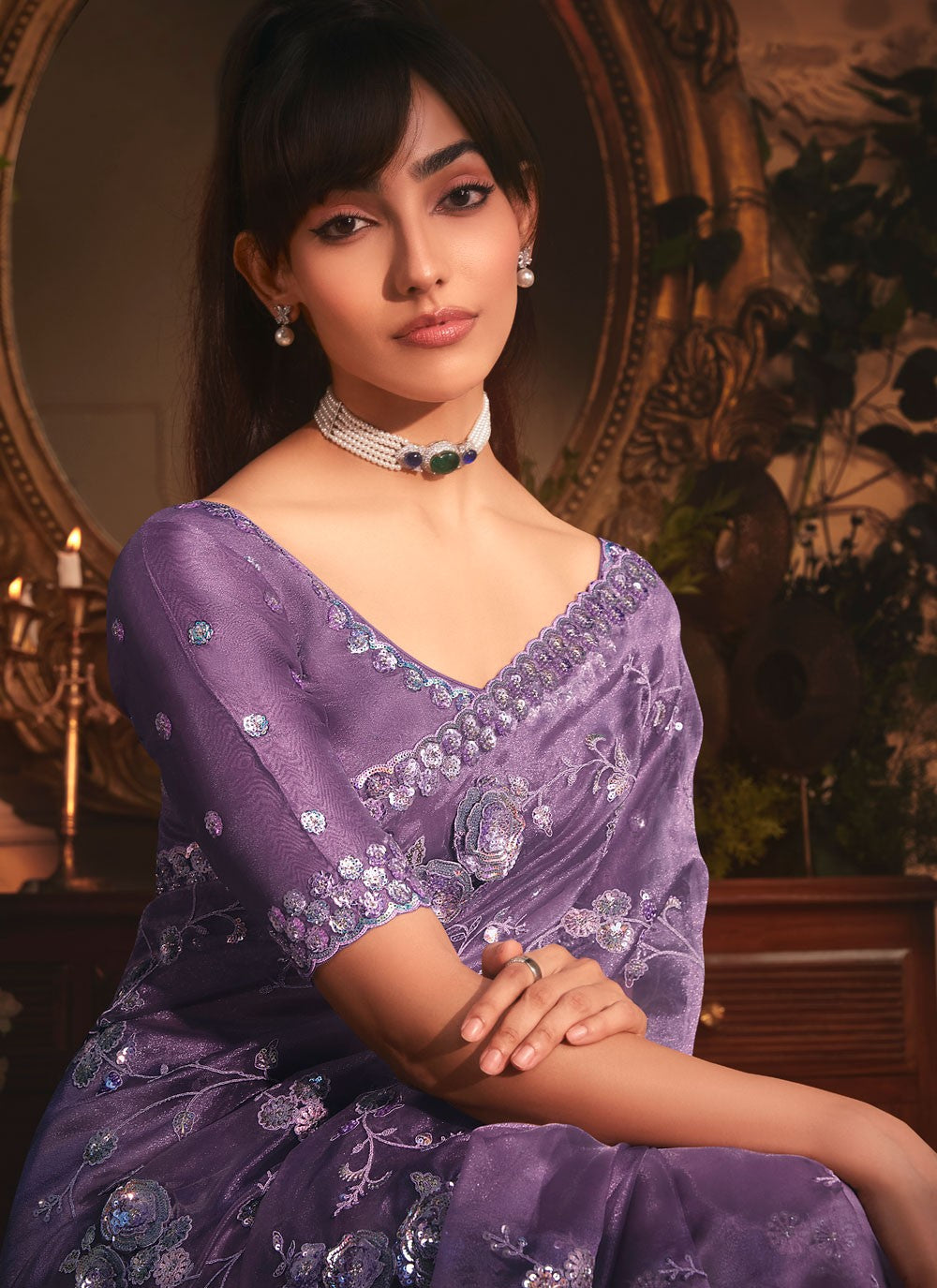 Lavender Organza Contemporary Saree Border Work, Cut Work, Embroidered, Sequins, Zari S19403