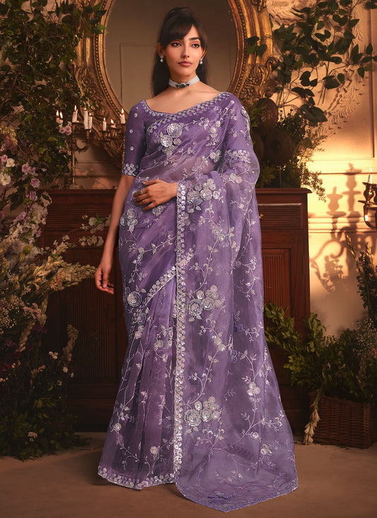 Lavender Organza Contemporary Saree Border Work, Cut Work, Embroidered, Sequins, Zari S19403