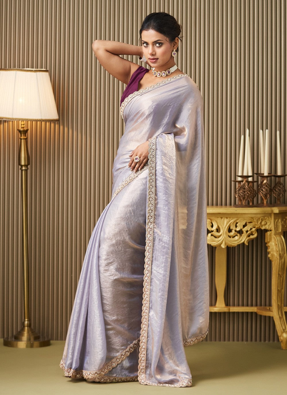 Lavender Satin Contemporary Saree Lace S16940