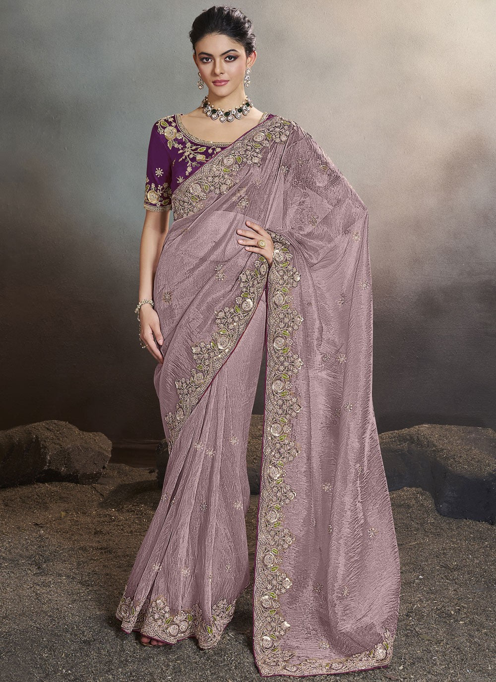 Hand Embroidery Crush Lavender Classic Saree S15238