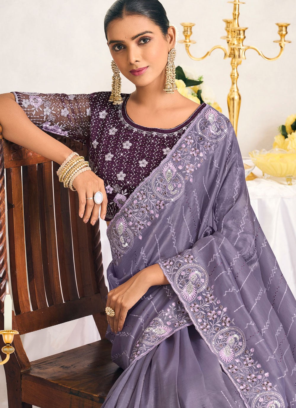 Trendy Saree Cut Work Lavender Silk S12749